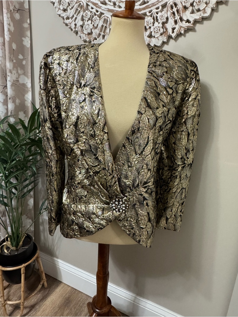 Vtg Karen Lawerence Metallic Gold Floral-Print Women's Blazer Jewel Accent Sz 14